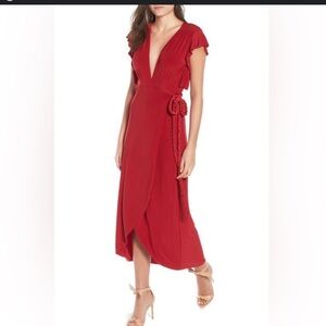 Misa Los Angeles Irina V-Neck Flutter Sleeve Braided Belt Midi Red Wrap Dress M